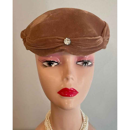 Vintage Brown Velvet Hat w/ Clear Rhinestone