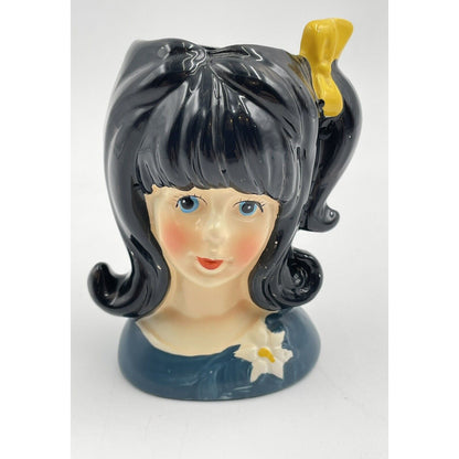Mini Teen Head Vase E8027 Blue-Eyed Black Hair Yellow Bow Enesco Reproduction - Vintosh Vintage