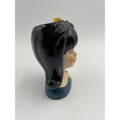 Mini Teen Head Vase E8027 Blue-Eyed Black Hair Yellow Bow Enesco Reproduction - Vintosh Vintage