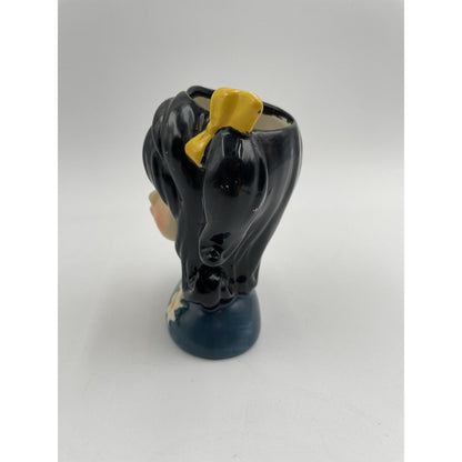 Mini Teen Head Vase E8027 Blue-Eyed Black Hair Yellow Bow Enesco Reproduction - Vintosh Vintage