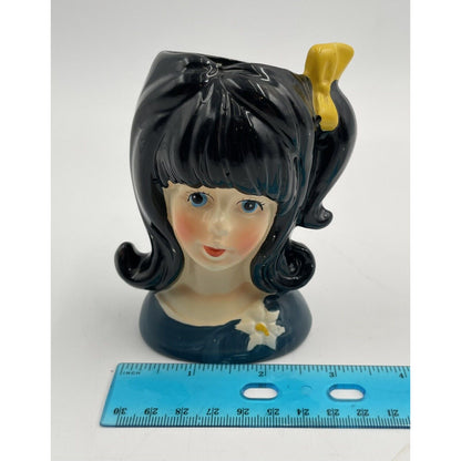 Mini Teen Head Vase E8027 Blue-Eyed Black Hair Yellow Bow Enesco Reproduction - Vintosh Vintage