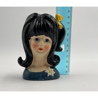 Mini Teen Head Vase E8027 Blue-Eyed Black Hair Yellow Bow Enesco Reproduction - Vintosh Vintage