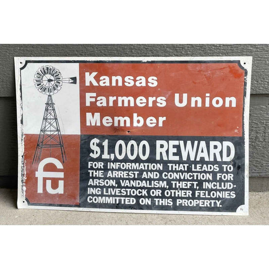 Vintage Original Kansas Farmers Union Member $1000 Reward Sign