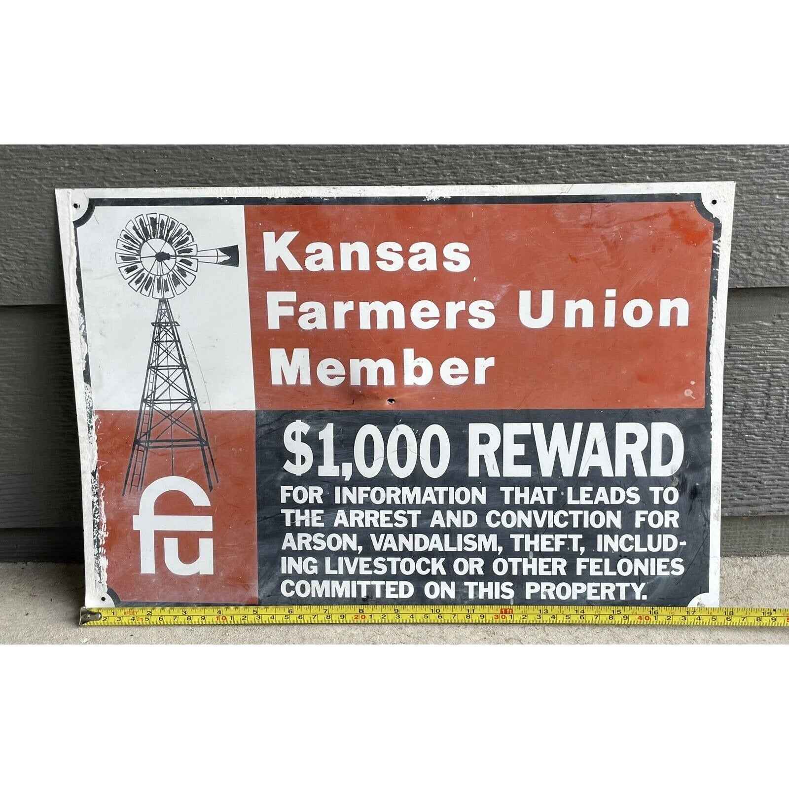 Vintage Original Kansas Farmers Union Member $1000 Reward Sign